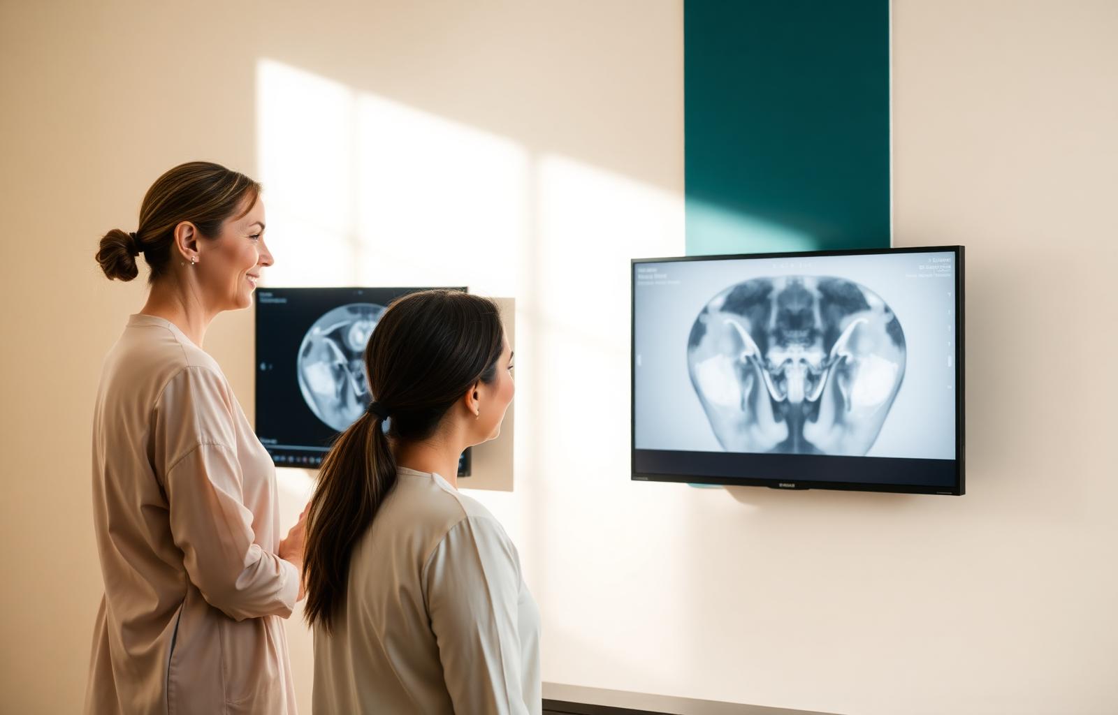 Physician reviewing pelvic MRI images with a patient in a calm consultation room